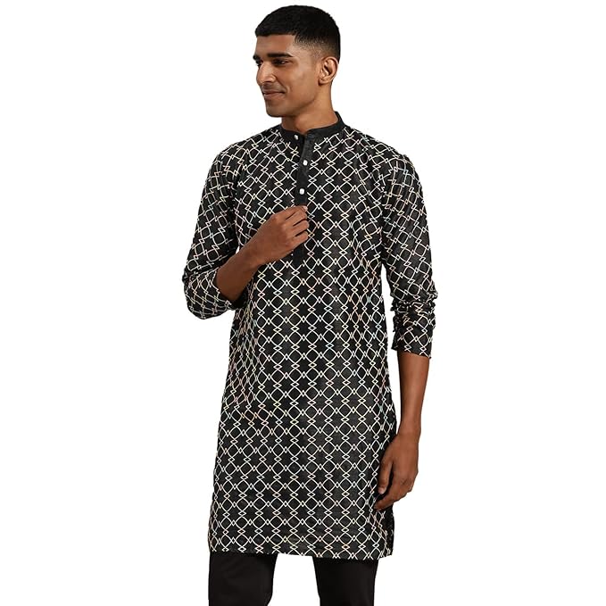 SOJANYA (Since 1958 Men’s Silk Blend Long Kurta with All Over Multi-Thread Embroidery