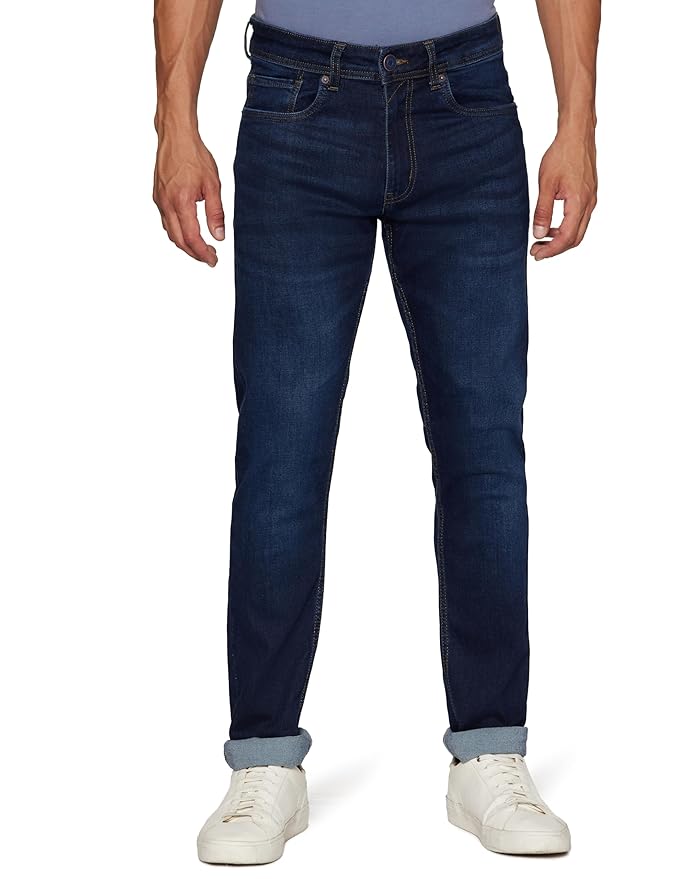 Peter England Men’s Tapered Fit Mid Rise Classic Tape Stretchable Twill Jeans