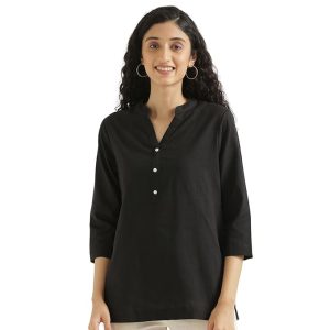 SAADAA Women Short Kurti Airy Linen Regular Fit Kurta with 3/4th Sleeves, Mandarin Collar, Side Slit Perfect for Casual, Formal, and Ethnic Wear