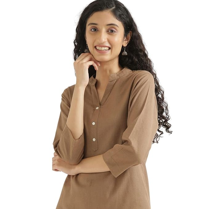 SAADAA Women Short Kurti Airy Linen Regular Fit Kurta with 3/4th Sleeves, Mandarin Collar, Side Slit Perfect for Casual, Formal, and Ethnic Wear - Image 3