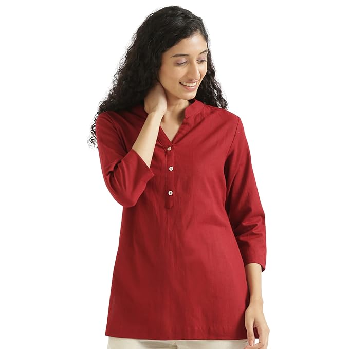 SAADAA Women Short Kurti Airy Linen Regular Fit Kurta with 3/4th Sleeves, Mandarin Collar, Side Slit Perfect for Casual, Formal, and Ethnic Wear - Image 5