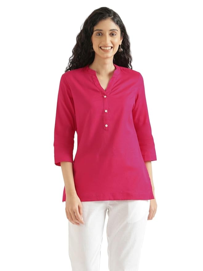 SAADAA Women Short Kurti Airy Linen Regular Fit Kurta with 3/4th Sleeves, Mandarin Collar, Side Slit Perfect for Casual, Formal, and Ethnic Wear - Image 6