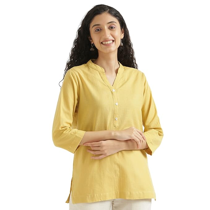 SAADAA Women Short Kurti Airy Linen Regular Fit Kurta with 3/4th Sleeves, Mandarin Collar, Side Slit Perfect for Casual, Formal, and Ethnic Wear - Image 7